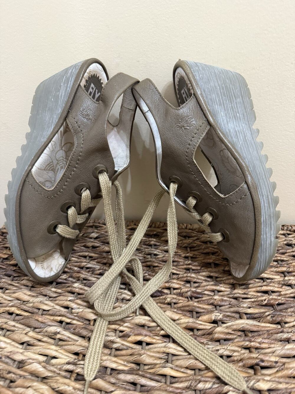 Fly London Women's Ylva Perforated Lace Up Open Toe Wedges Size 40 8/8.5
